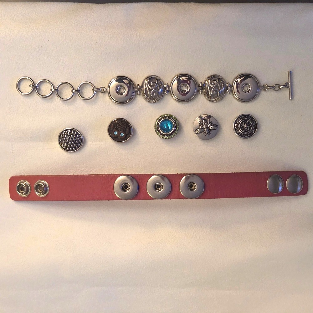 Interchangeable Snap Jewelry Set Pink Leather & Silver Link Bracelets 5 Charms